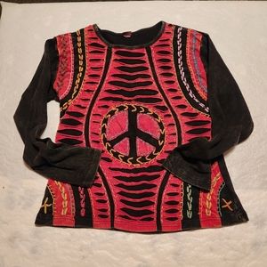KPC women's peace sign cut out long sleeved shirt. Size large. Red/black.Vintage
